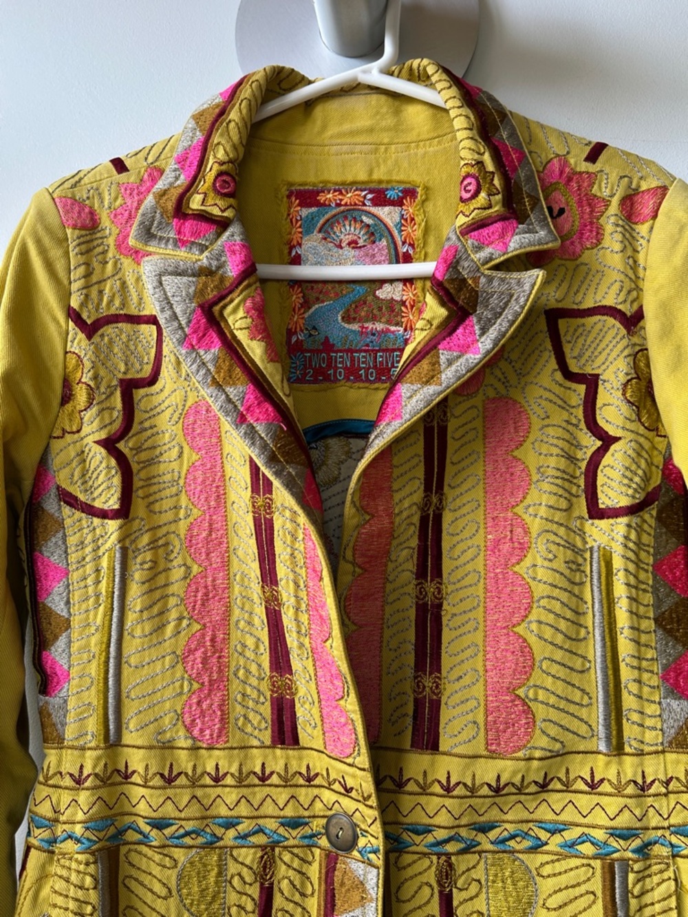 Vintage Embroidered Chartreuse & Pink Women's Denim Duster - Picture 2 of 8